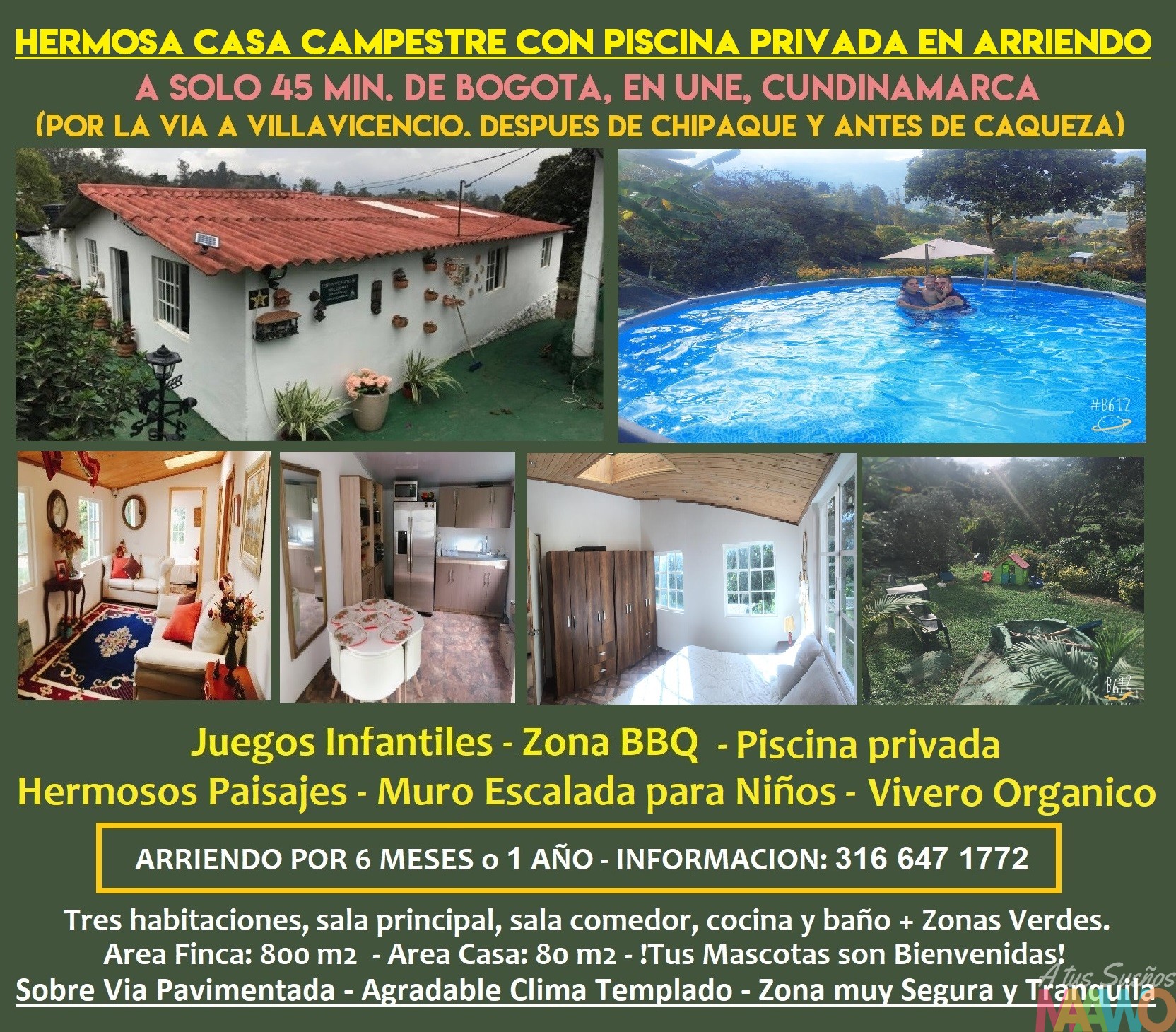 Magnífica Casa Quinta Campestre con Piscina Privada en arriendo a 45 min de  Bogota – Maawo
